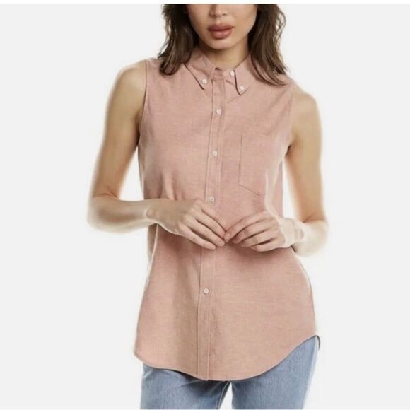 NEW Theory Linen Yarine Azalea Melange Sleeveless Collared Button Sharkskin Top - Picture 1 of 9